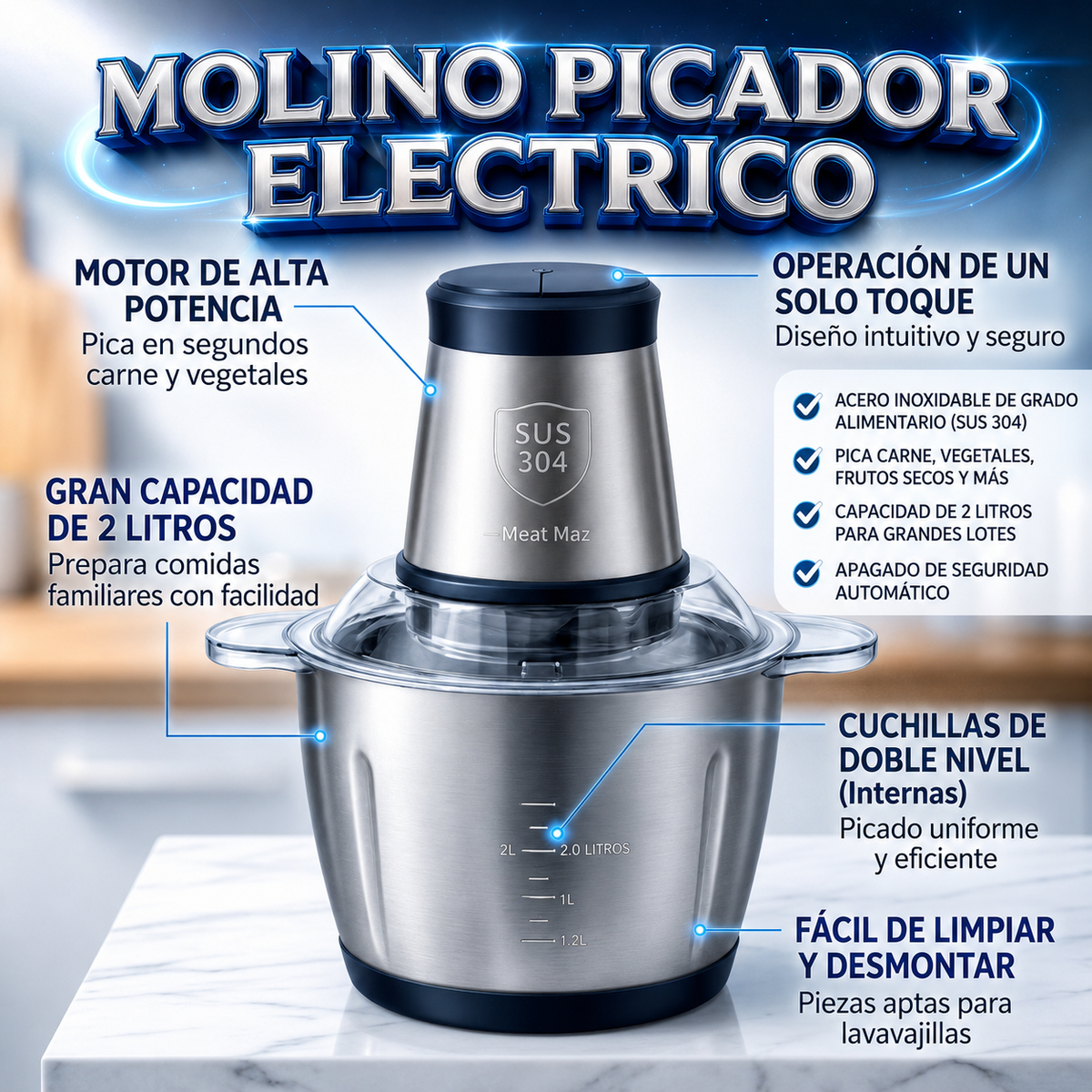 Molino Picador Eléctrico de Acero Inoxidable 2L: Tu Ayudante de Cocina Indestructible