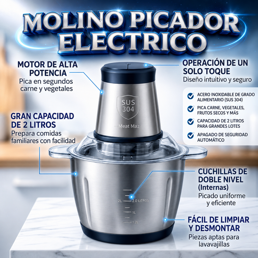 Molino Picador Eléctrico de Acero Inoxidable 2L: Tu Ayudante de Cocina Indestructible